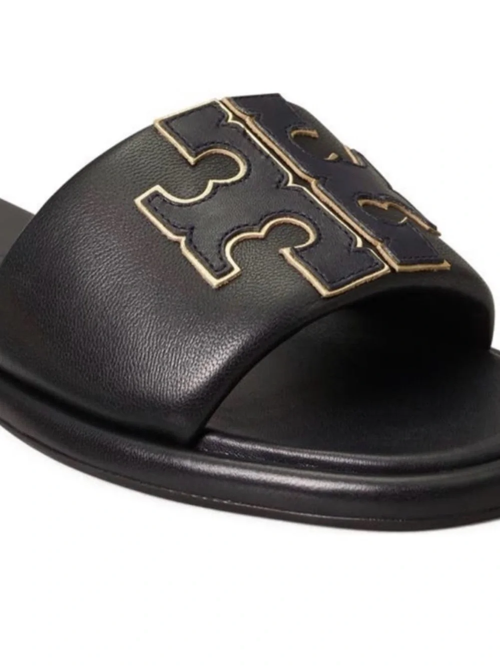 Tory Burch Black Slide Sandals with Gold-Trim Logo